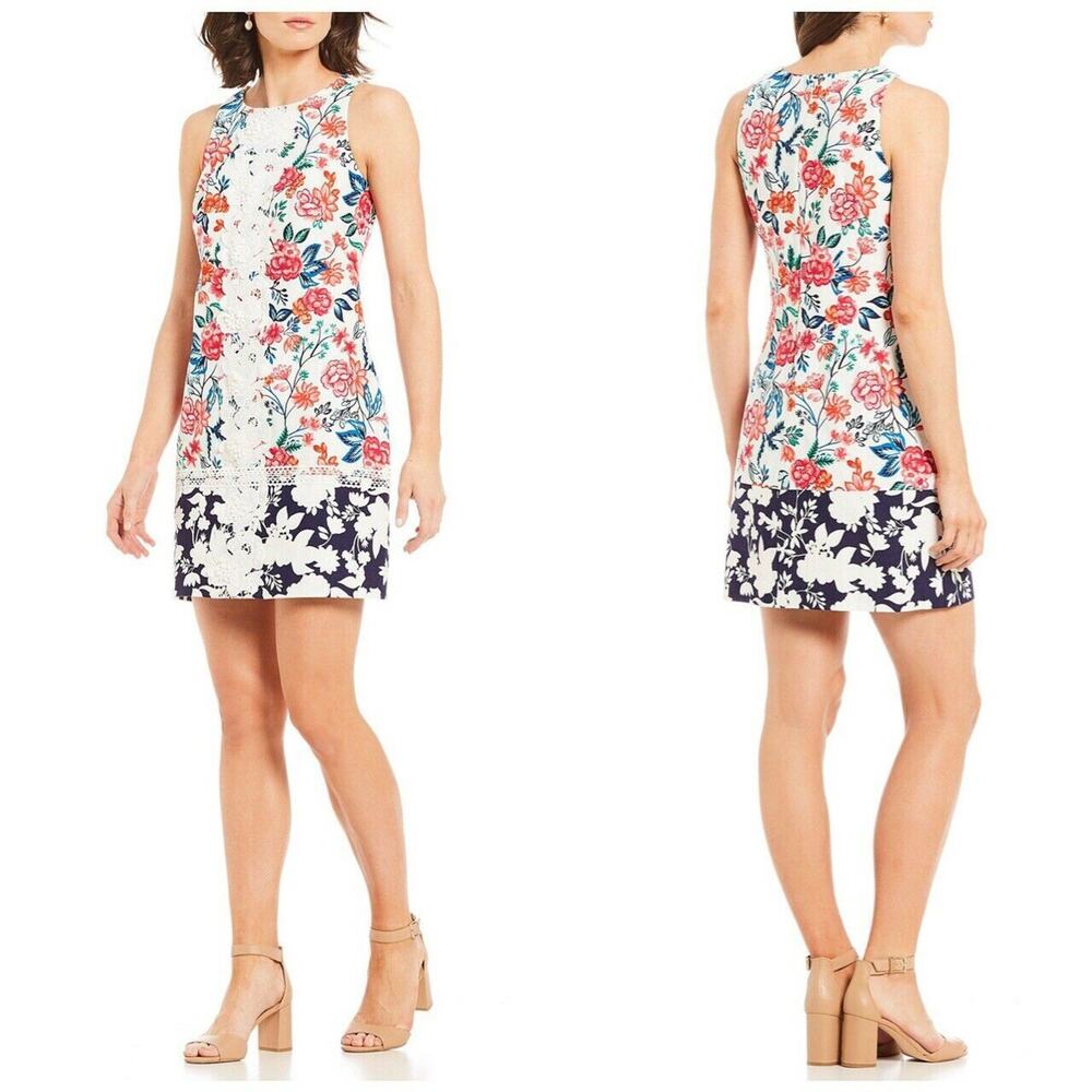 Eliza J Womens Two Tone Floral‎ Print Lace Shift Dress Sleeveless Size 8 NEW